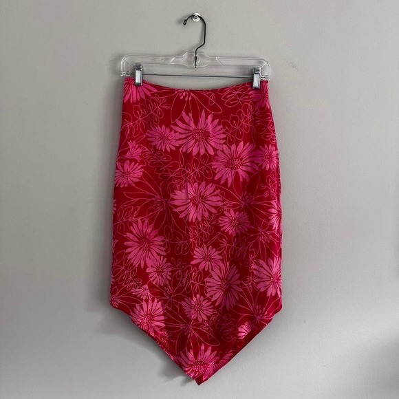 Y2K PINK FLORAL EXPRESS SILK ASYMMETRICAL MIDI‎ SKIRT - Picture 2 of 7